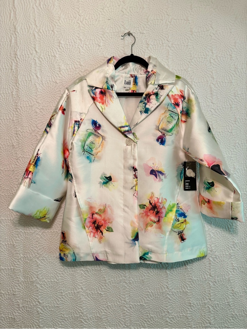 Luii Watercolor Floral Print Blazer in White with Multicolor Accents
